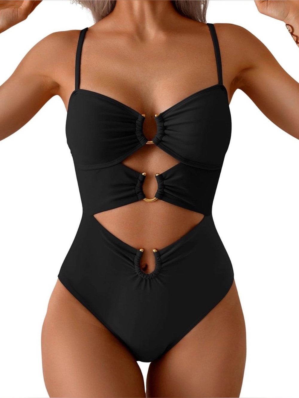 Eomenie One Piece Black Swimsuit Ring Linked Monokini Sexy Cutout L NWT